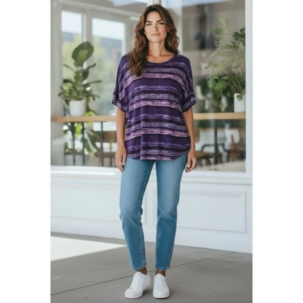 Womens Purple Black Striped Space Dye Short Sleeve Crew Neck‎ Relaxed Knit Top